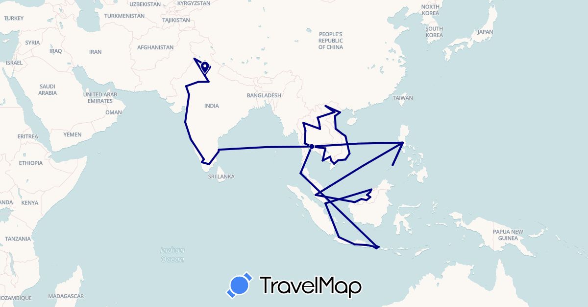 TravelMap itinerary: driving in Indonesia, India, Cambodia, Laos, Malaysia, Philippines, Singapore, Thailand, Vietnam (Asia)